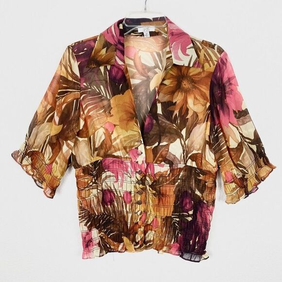 Cache Orange & Pink Floral Smocked Button Up Blouse - Picture 4 of 6